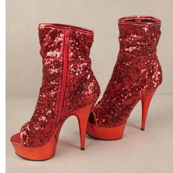 Pleaser Red Sequin Platform Ankle Boots Peep Toe Stiletto Heel Womens Size 8 - Picture 3 of 10